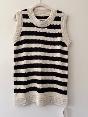 NWT Commence Eyelet Knit Striped Long line vest Cream Black Popover Coastal